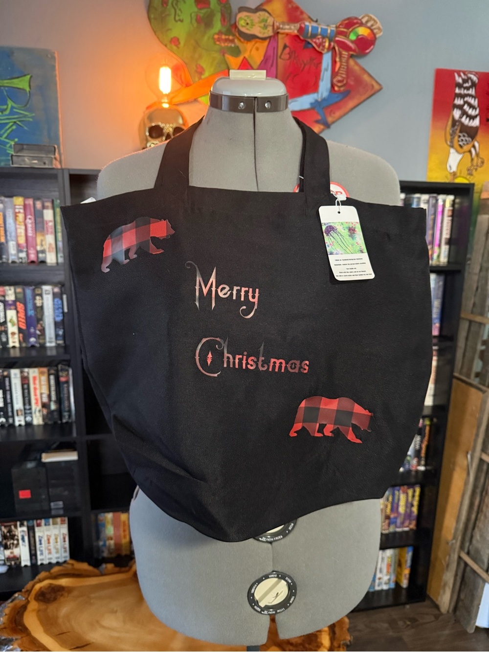 Merry Christmas Buffalo Plaid Bear Tote Bag - Black